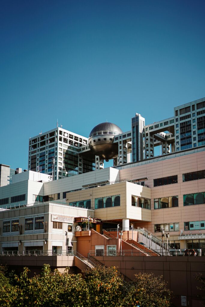 Fuji TV headquarters seen from the Yurikamome line in Odaiba, Japan