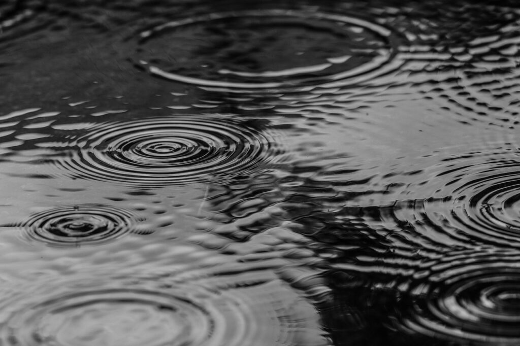 Rain ripples on a dark water surface during Japan’s rainy season