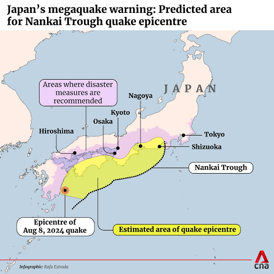 Map showing the predicted Nankai Trough earthquake epicenter area in Japan