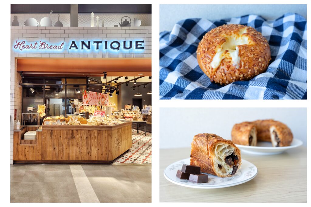 Display of assorted breads inside Peaterpan, including croissants and custard buns on wicker trays.