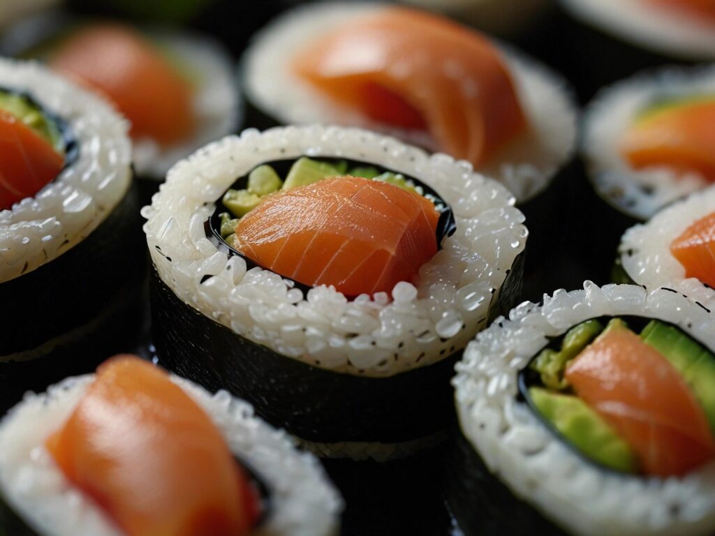 Close-up of salmon maki rolls with avocado and seaweed 