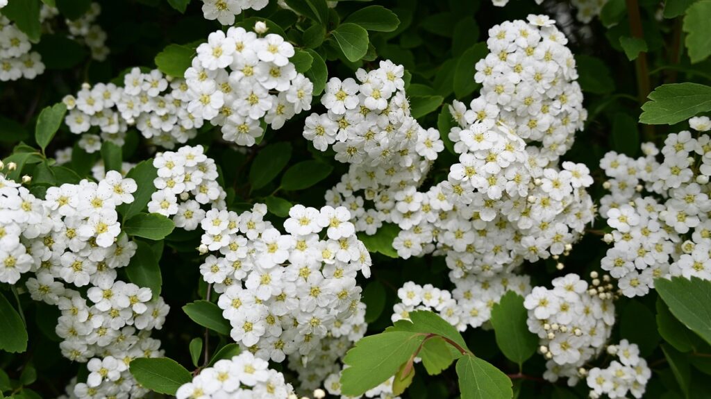 White flowers in full bloom on green leafy branches.