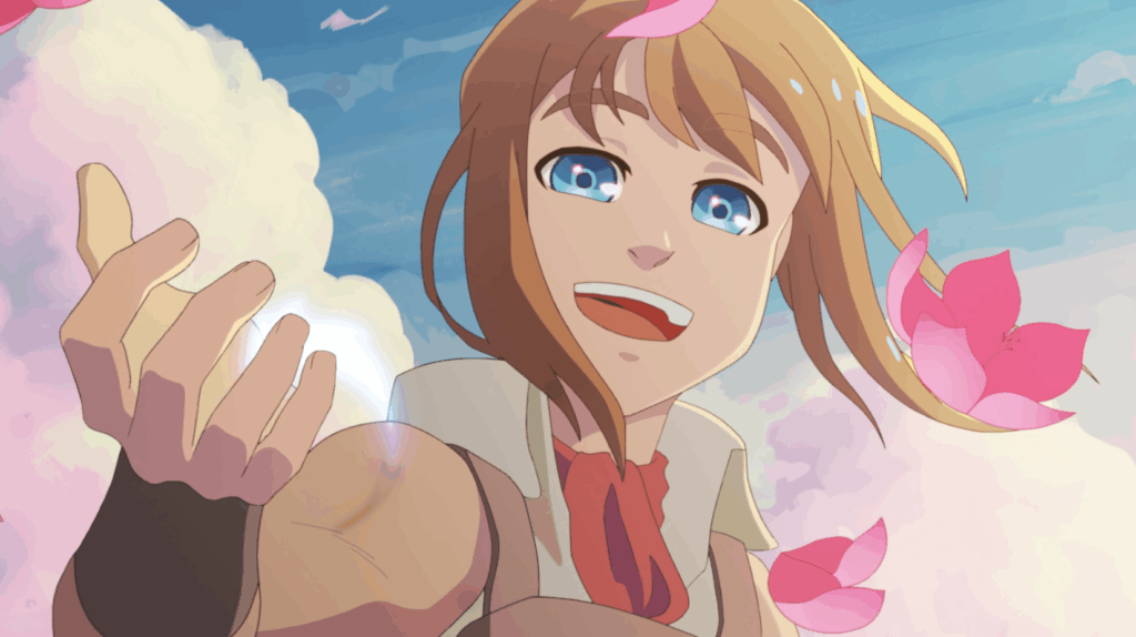 Final animation still of a smiling female character surrounded by cherry blossom petals, reaching out to the viewer.