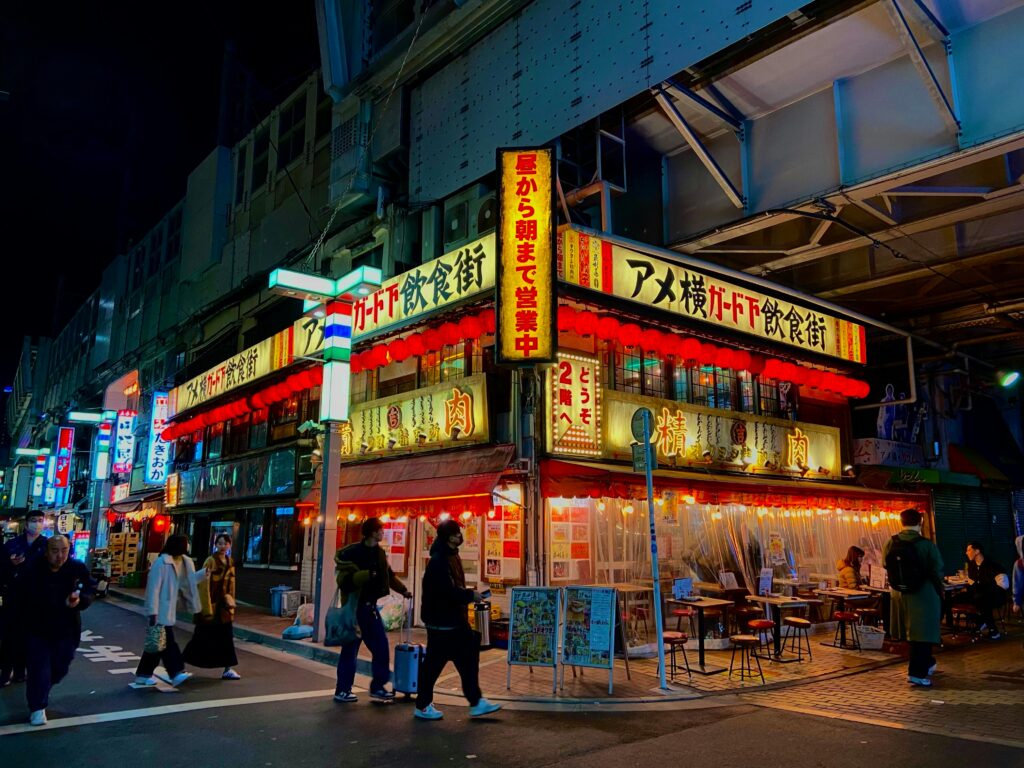 A view of Okachimachi’s Ameyokocho area at night, where nightlife and dining meet traditional market culture.