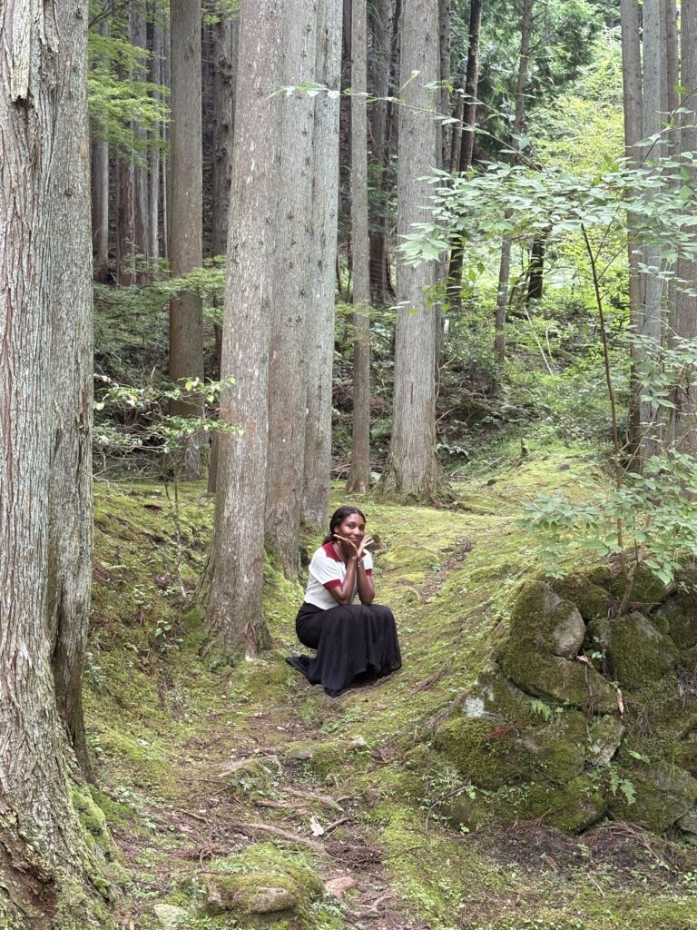 A visitor sitting on mossy ground surrounded by tall cedar trees at Morou Art Forest.