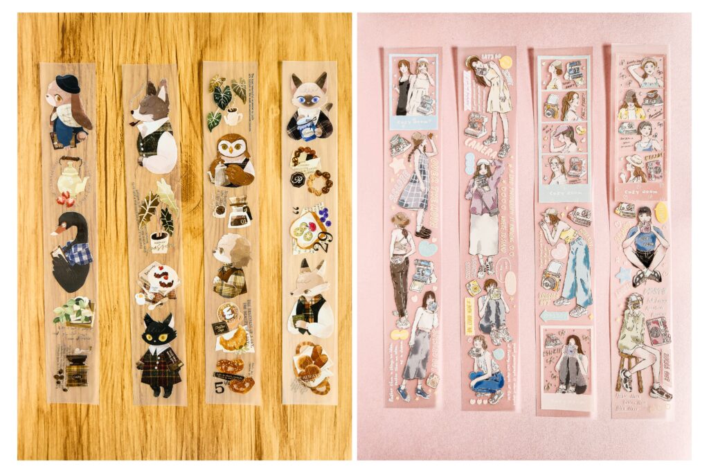 Cute illustrated sticker sets featuring animals and girls from the Pinkoi booth.