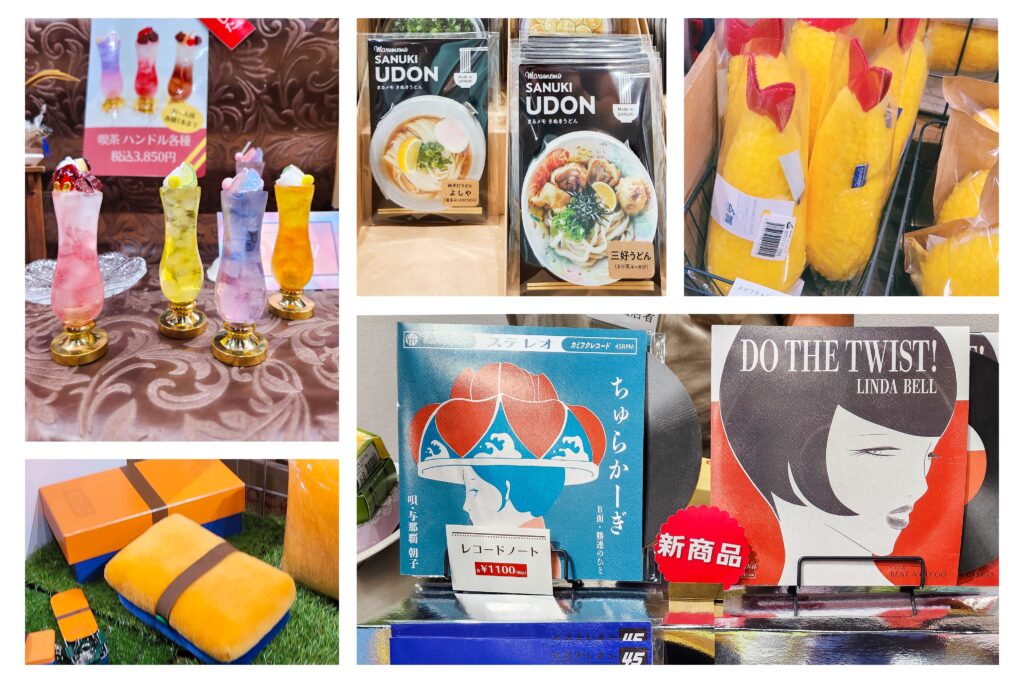 Uniquely shaped stationery items like udon memo pads and parfait wax seals.