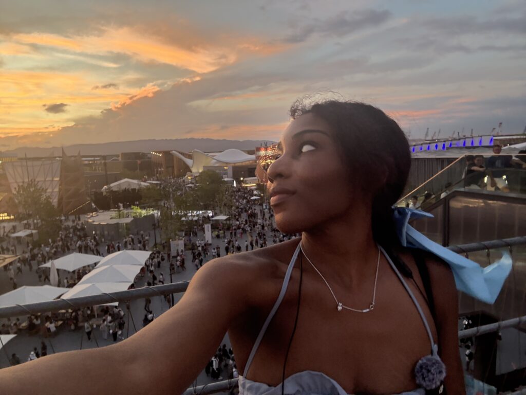 Sunset selfie at Osaka Expo 2025 with crowd in background