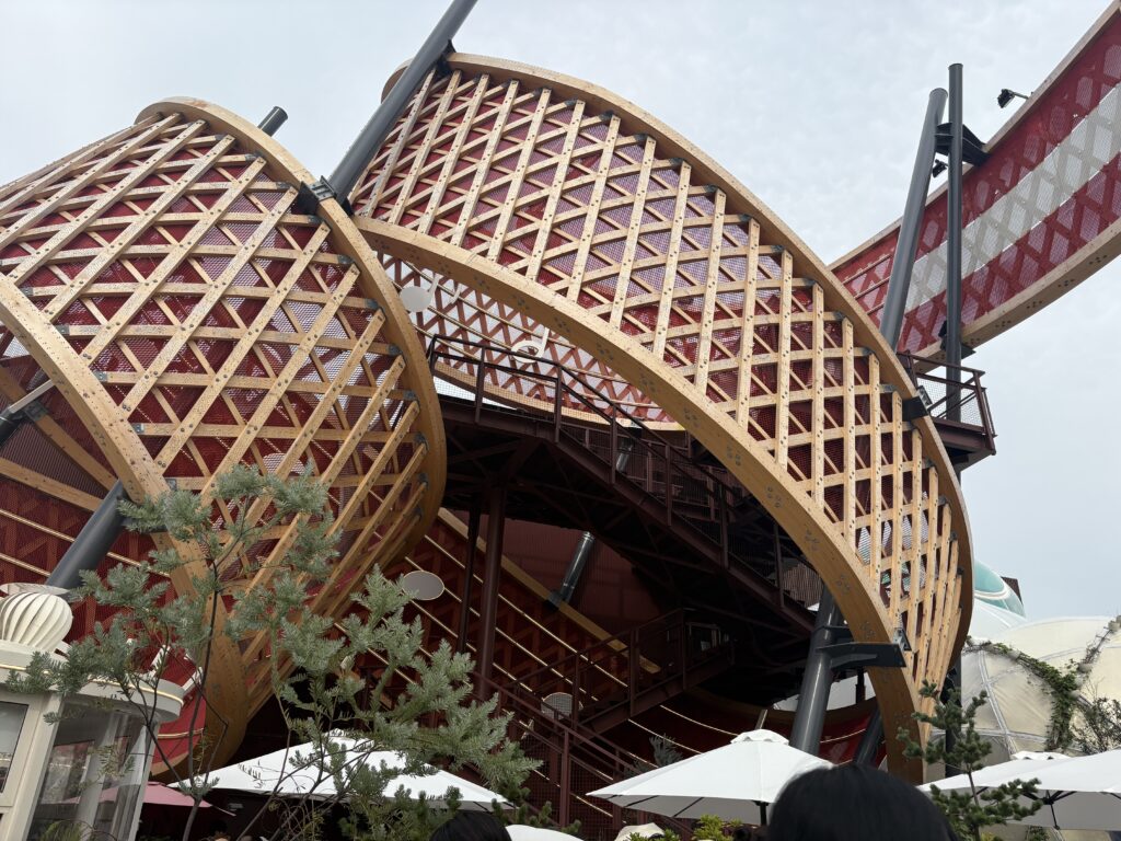 Wooden architectural pavilion at Osaka Expo 2025