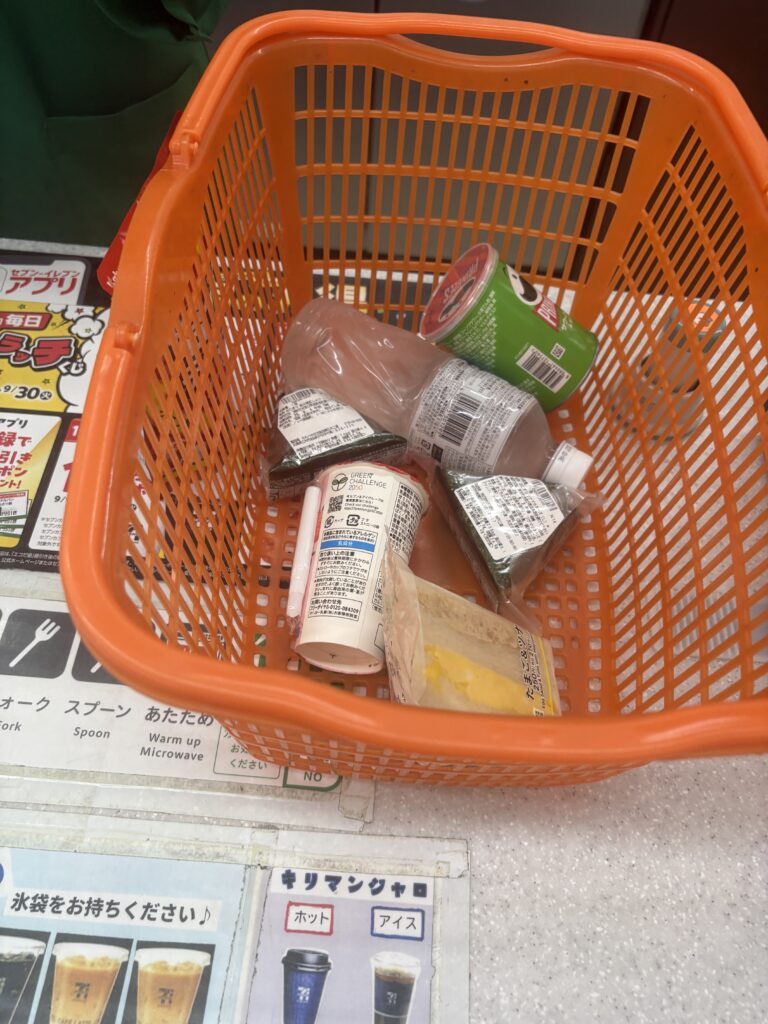 Convenience store basket with drinks and snacks for Expo 2025 trip