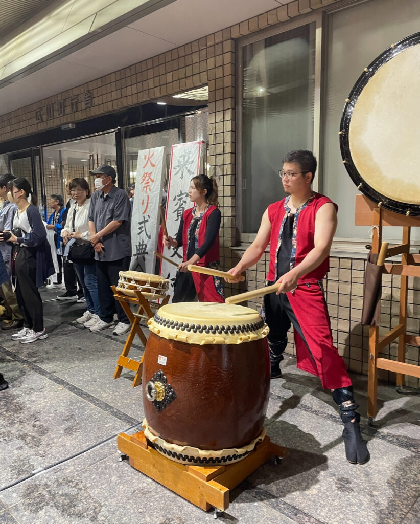 Taiko drummers performing at the Inamura Fire Festival.