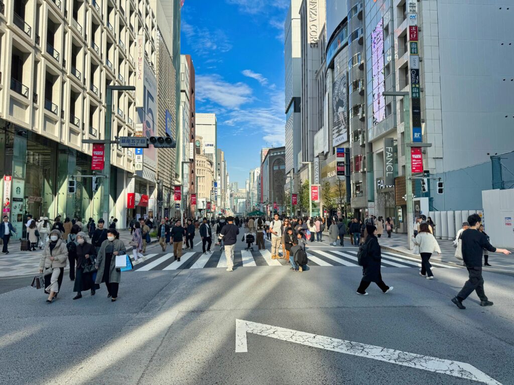 Pedestrians crossing Ginza’s main street during the weekend car-free hours.
