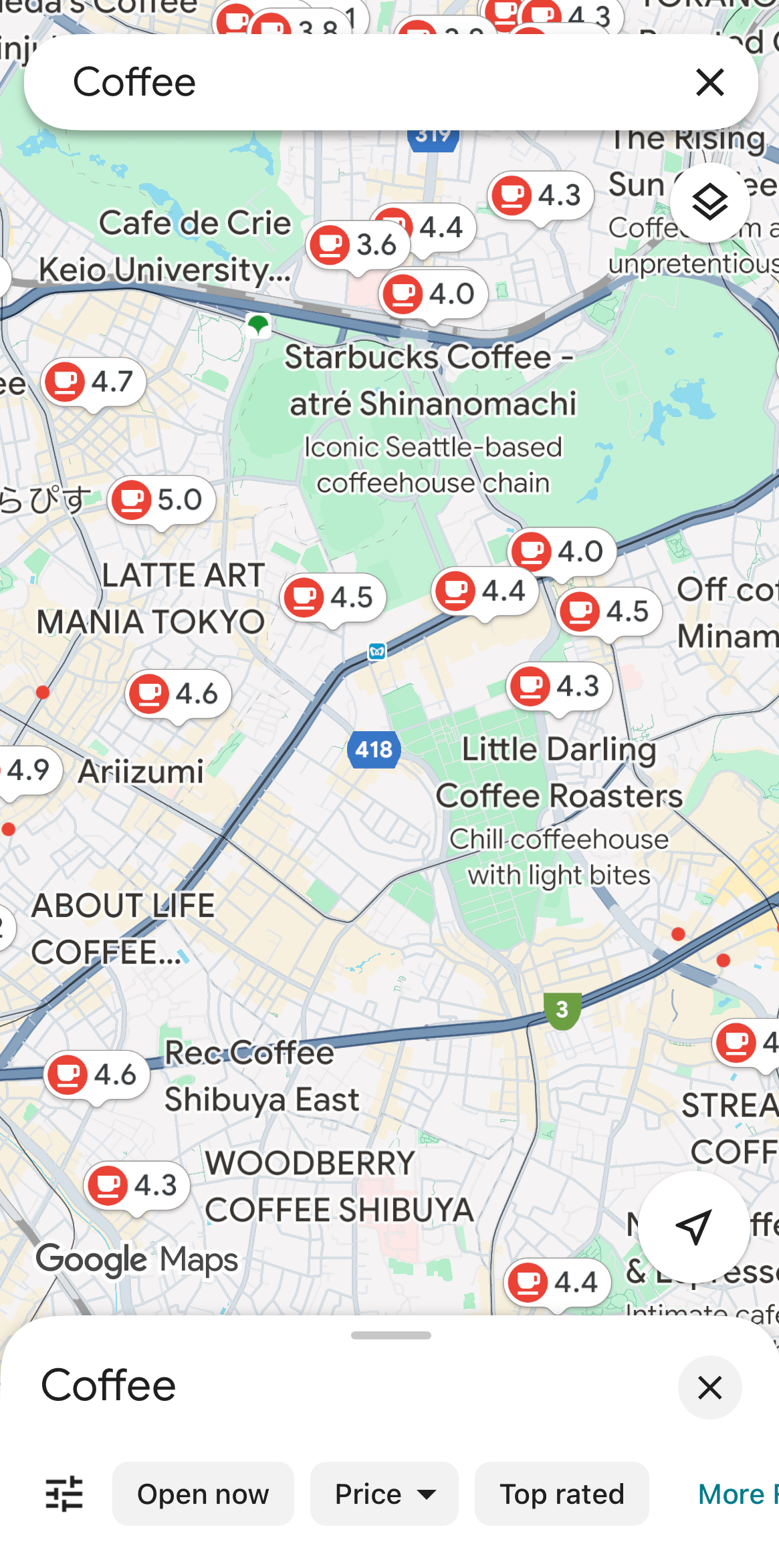 Google Maps wide view of Tokyo including Shinjuku City, Shibuya, and Tokyo Tower with highlighted points of interest.