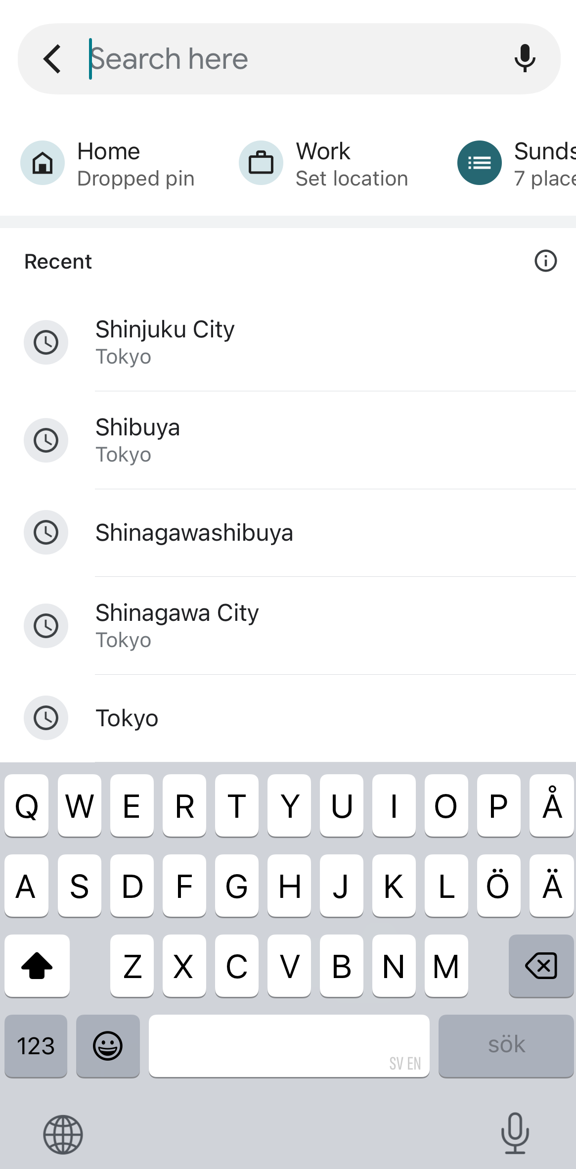 Google Maps search interface showing the search bar and options like restaurants, hotels, and attractions in Tokyo.