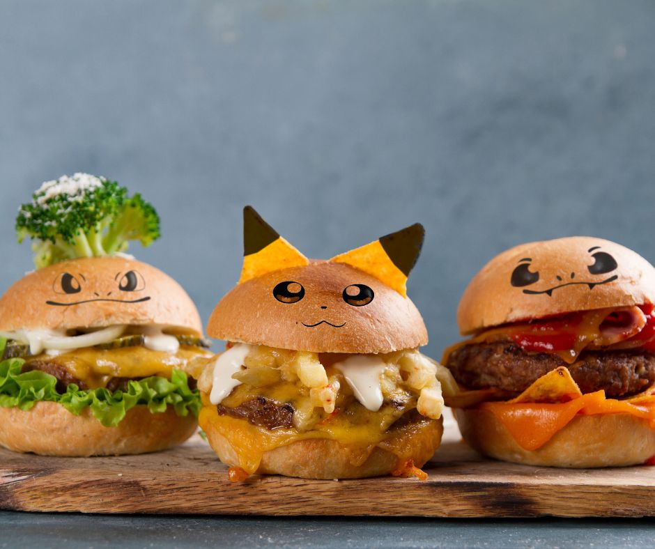 Character-themed burgers inspired by Pokémon, with Pikachu and other designs on the buns.