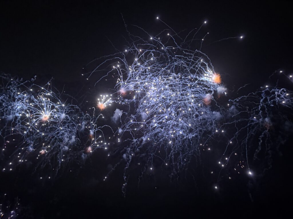 Blue and white fireworks illuminating the sky.