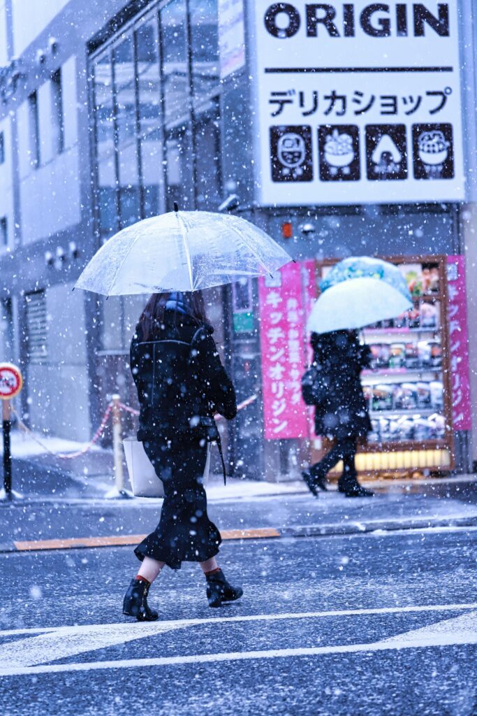Heavy nighttime snowfall in front of bright buildings near Akihabara.Title: Heavy Snowfall in Akihabara