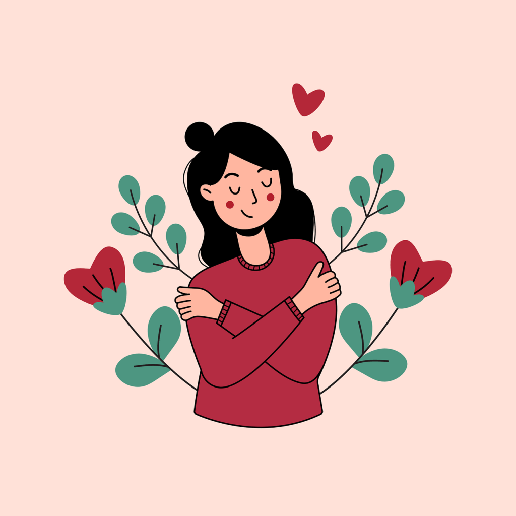 Illustration of a woman hugging herself surrounded by hearts and leaves, representing self-love and emotional care.