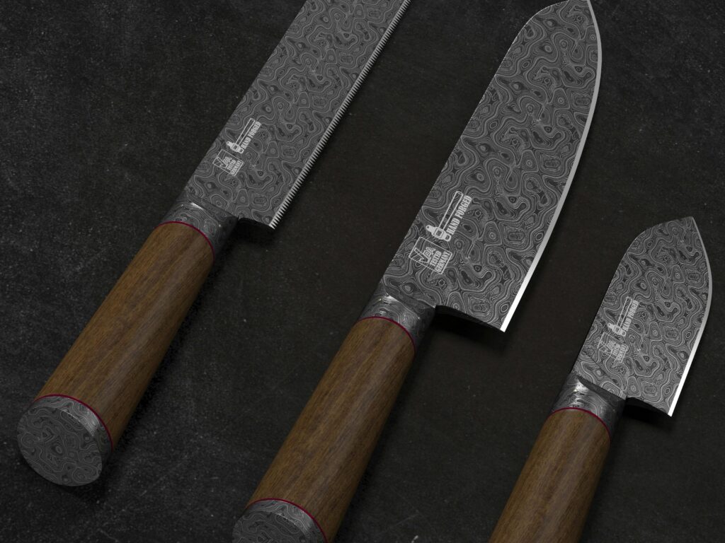 Set of Damascus-pattern Japanese knives with wooden handles.