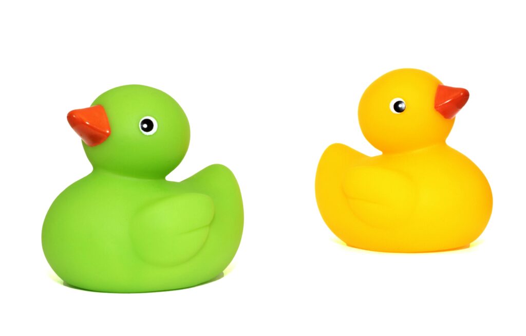 Green and yellow rubber duck bath toys.