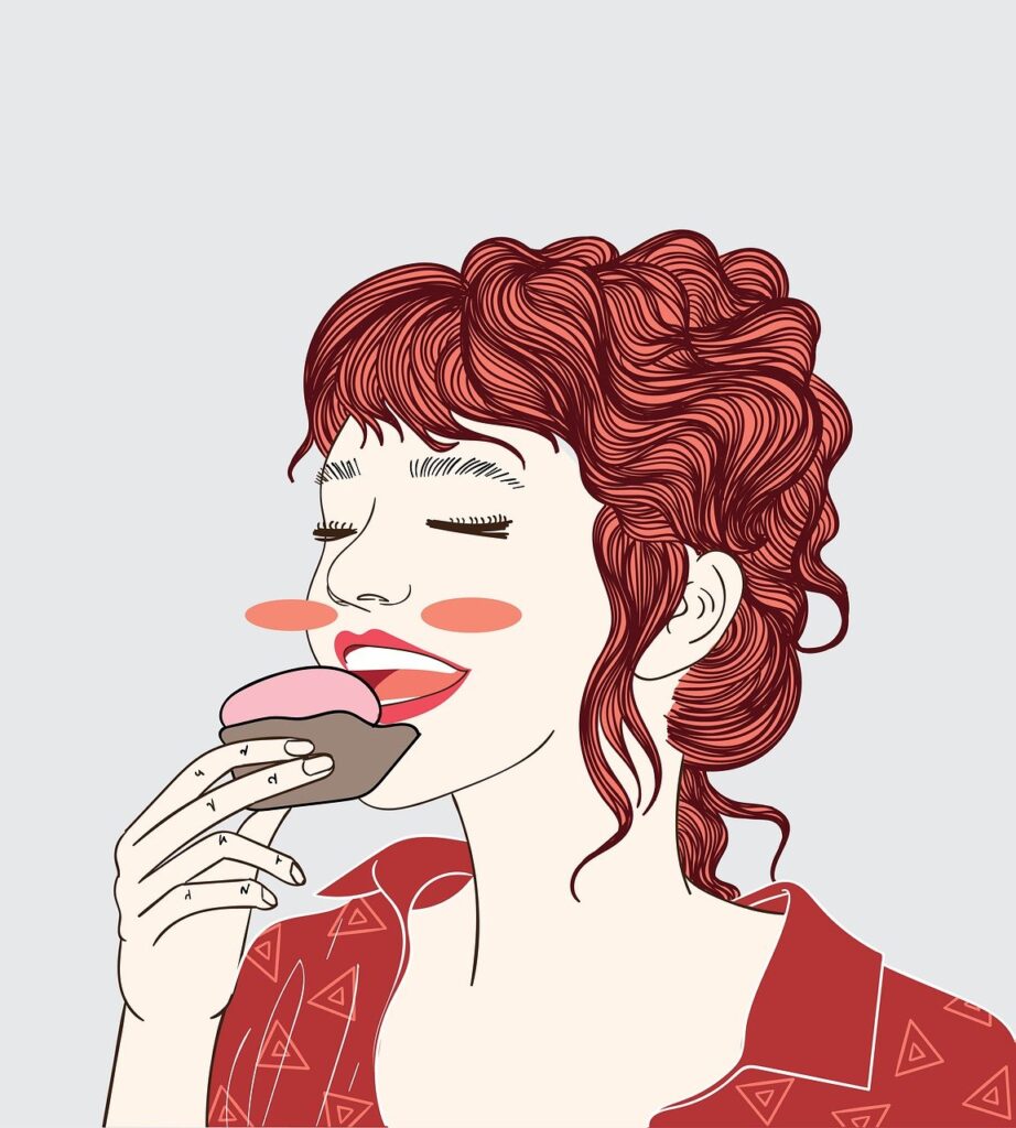 Illustration of a woman with red hair eating a pink ice cream