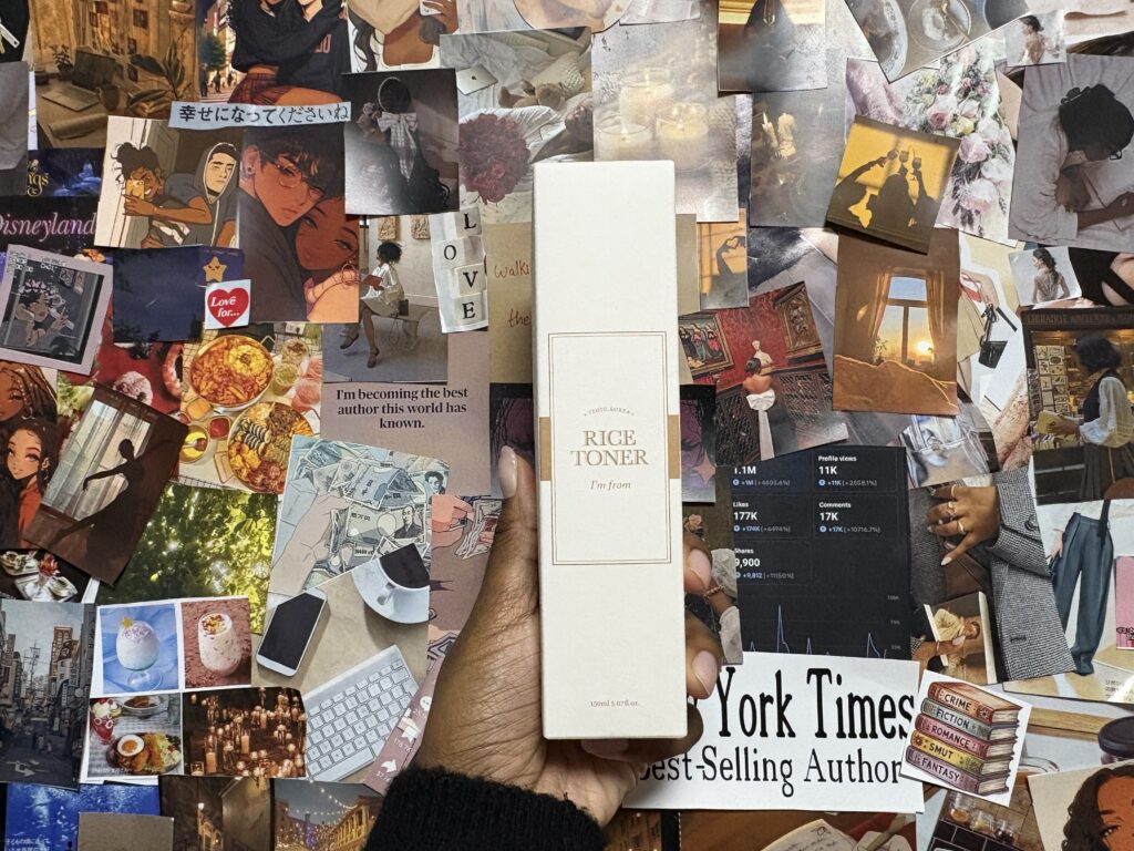 Japanese rice sheet mask packaging held in hand, featuring traditional illustration and blue accents