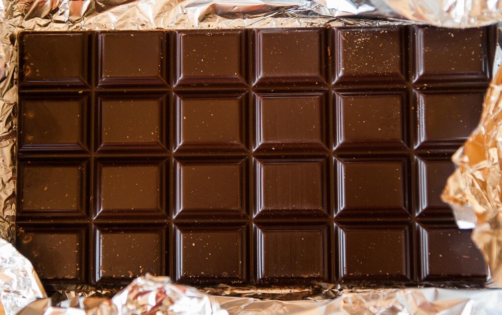 Dark chocolate bar partially unwrapped in foil