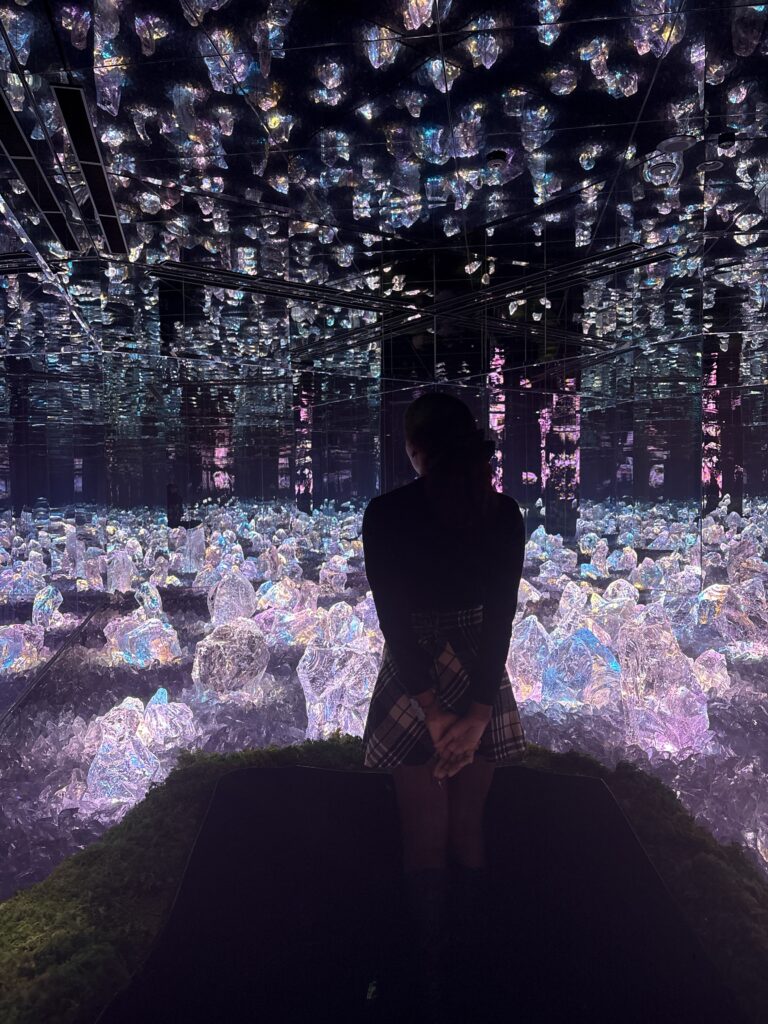 A visitor standing on a moss-covered platform surrounded by glowing crystal-like light sculptures reflected infinitely in mirrored walls and ceilings.