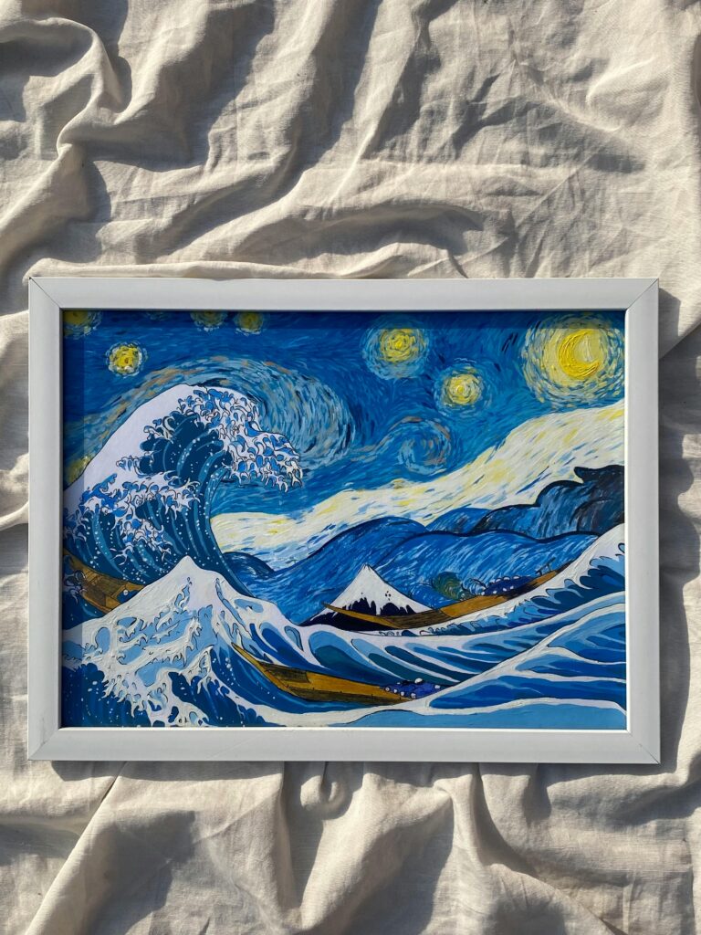 Framed artwork blending Hokusai’s Great Wave with Van Gogh’s Starry Night, representing the fusion of Japanese and Western art styles.
