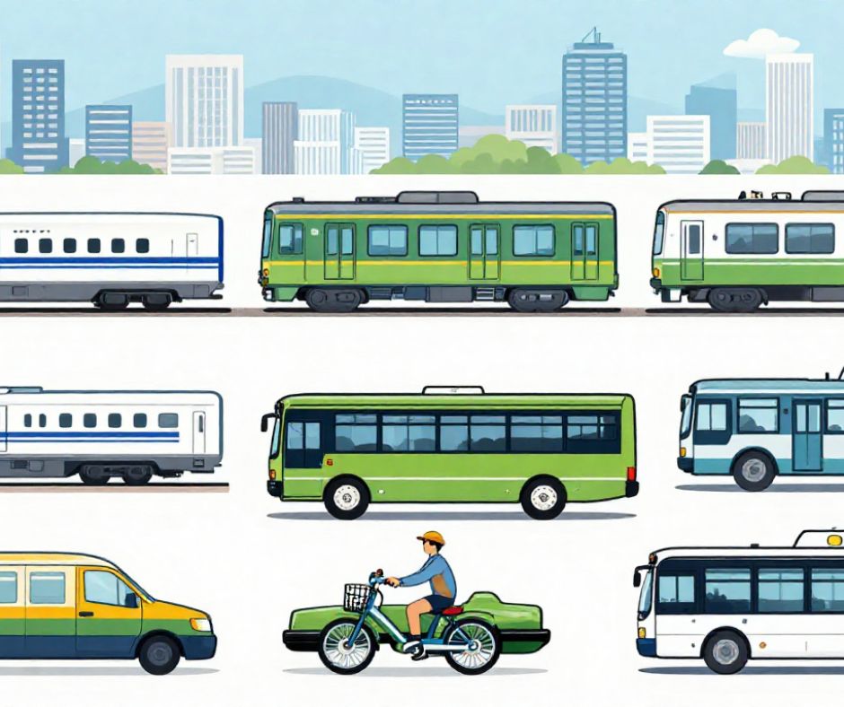 Illustration of different types of transportation in Japan including trains, buses, a taxi, and a bicycle against a city backdrop