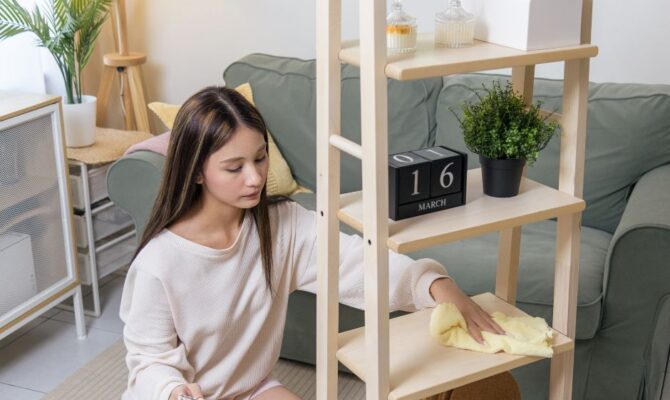 Woman cleaning and organizing a wooden shelf inside a cozy modern apartment in Japan