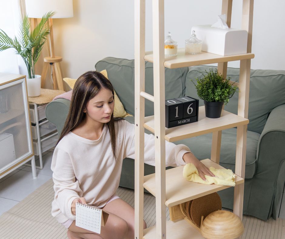 Woman cleaning and organizing a wooden shelf inside a cozy modern apartment in Japan