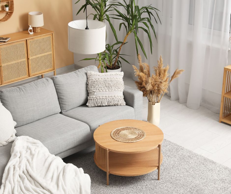 Minimalist living room with a gray sofa, wooden furniture, indoor plants, and soft natural lighting.