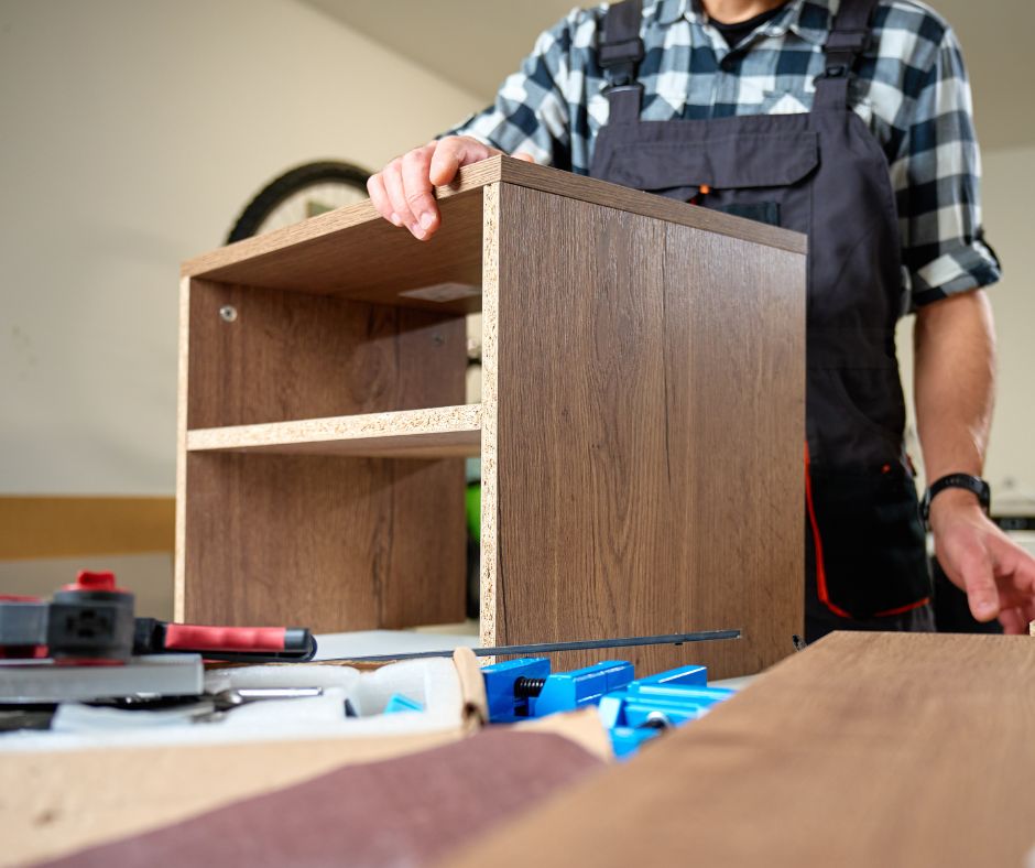 Man assembling wooden furniture indoors with tools and materials spread across a work table