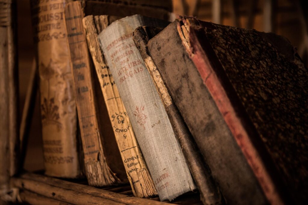 A row of worn and vintage books lined up on a wooden shelf with visible aged textures