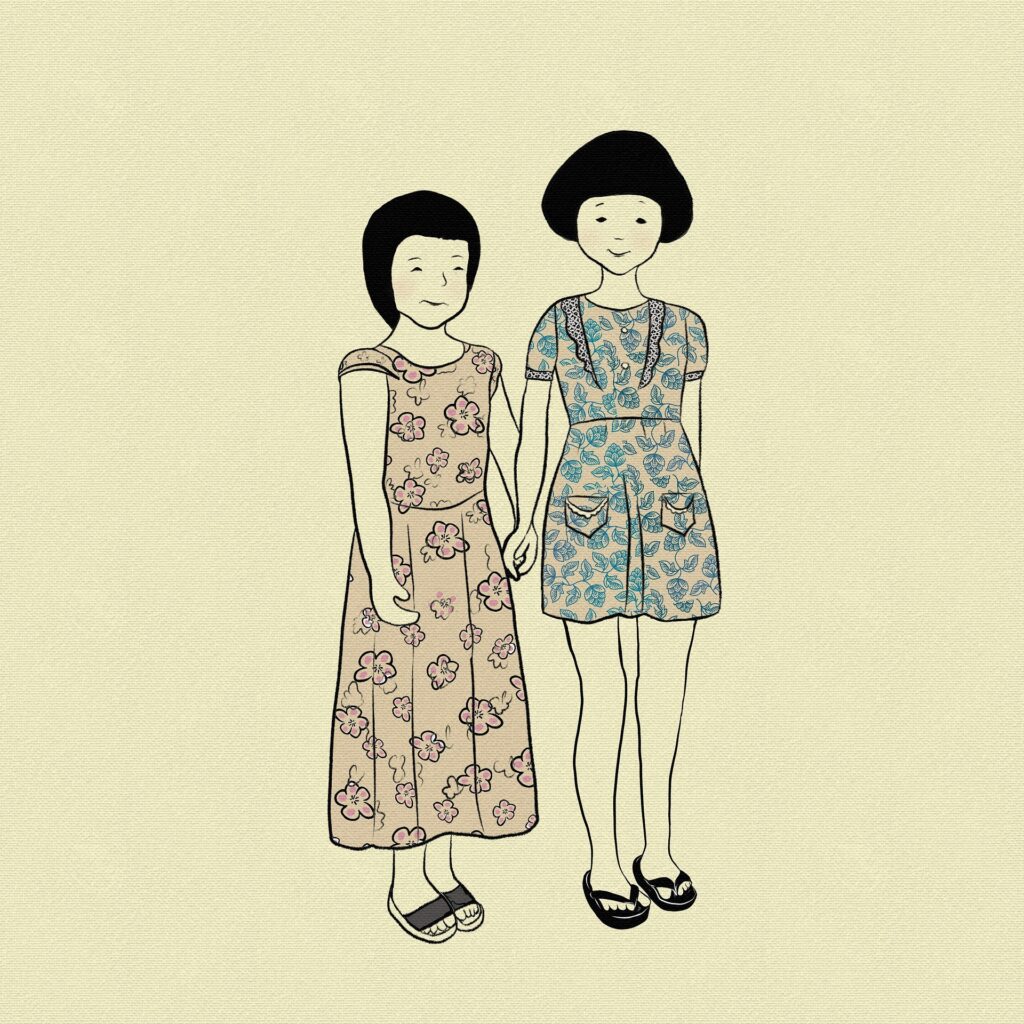 A simple illustration of two girls holding hands, wearing patterned dresses and traditional-style sandals.