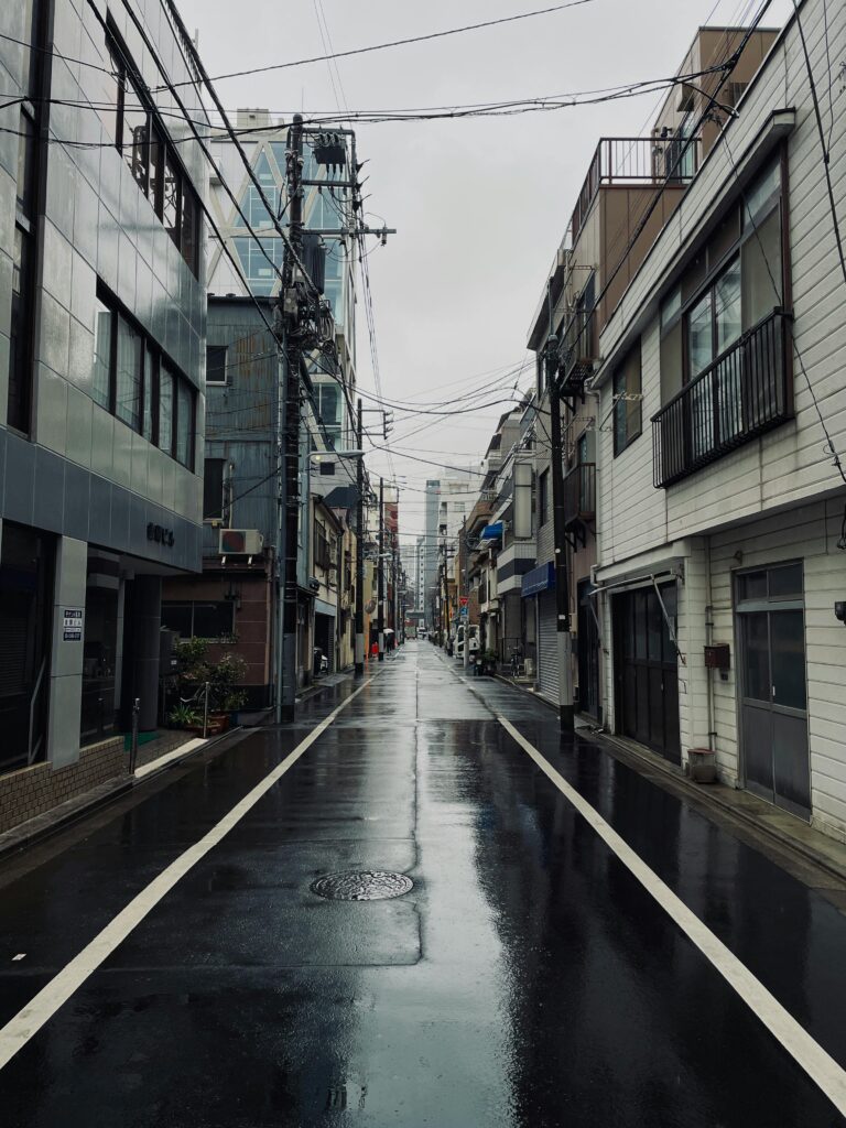 Residential street in Tokyo on a rainy day with wet roads, apartment buildings, and overcast skies during tsuyu season.