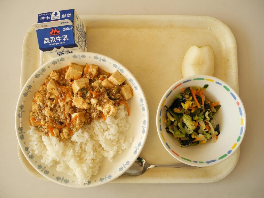 Typical Japanese school lunch featuring rice, tofu, vegetables, fruit, and milk.