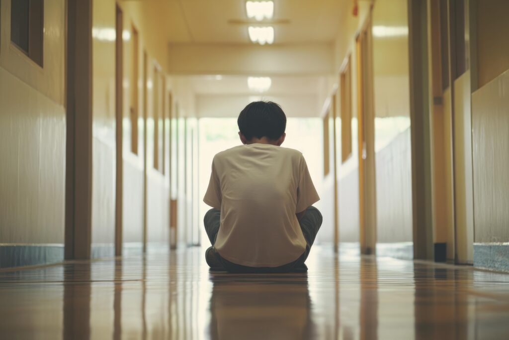 Student sitting alone in a school hallway, representing emotional challenges and the importance of school counseling.