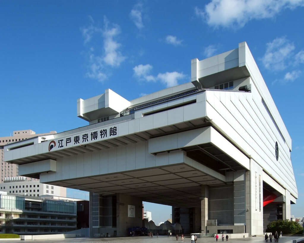 Exterior of the Edo-Tokyo Museum in Ryogoku, showcasing the building inspired by traditional rice storehouses.