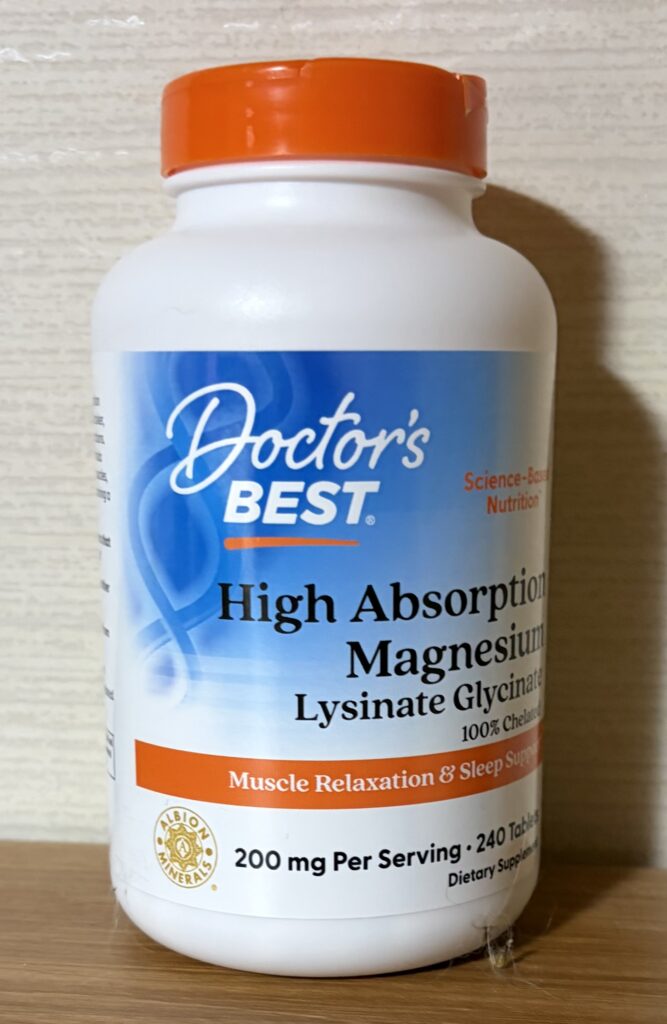 Bottle of magnesium glycinate supplement commonly used to support muscle relaxation and sleep quality