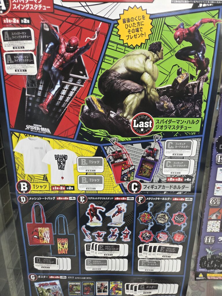 Spider-Man Ichiban Kuji prize board showing A through G prizes and the special Last One Prize featuring Spider-Man and Hulk.