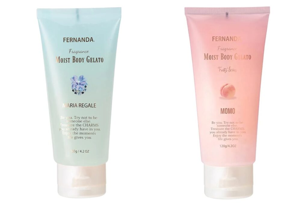 FERNANDA Moist Body Gelato cooling body gels in Maria Regale and Momo fragrances with moisturizing and refreshing ingredients.