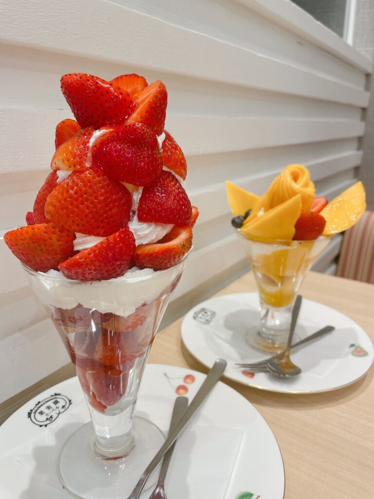 Strawberry and mango fruit parfaits served at a fruit parlor in Shinjuku, Tokyo.