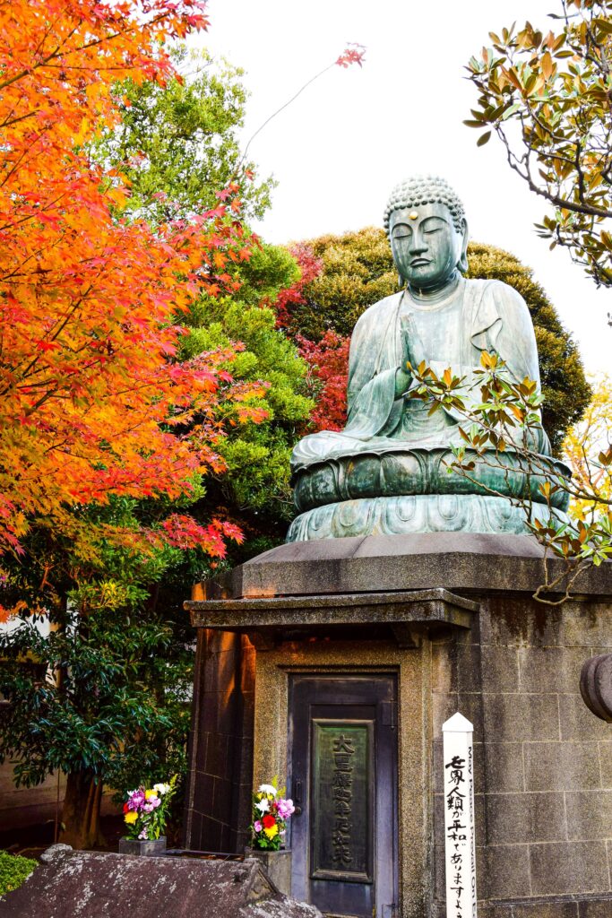 Large Buddha statue surrounded by vibrant red and orange autumn maple leaves in Tokyo.