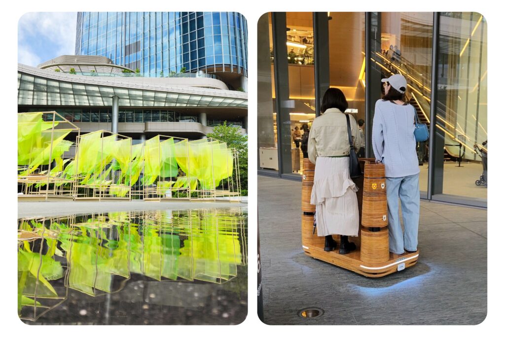 Gateway Park art installation and passengers riding an iino autonomous mobility vehicle at Takanawa Gateway City.