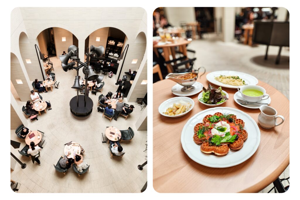 LOOPS cafe interior and Norwegian waffle meal at NEWoMan Takanawa
