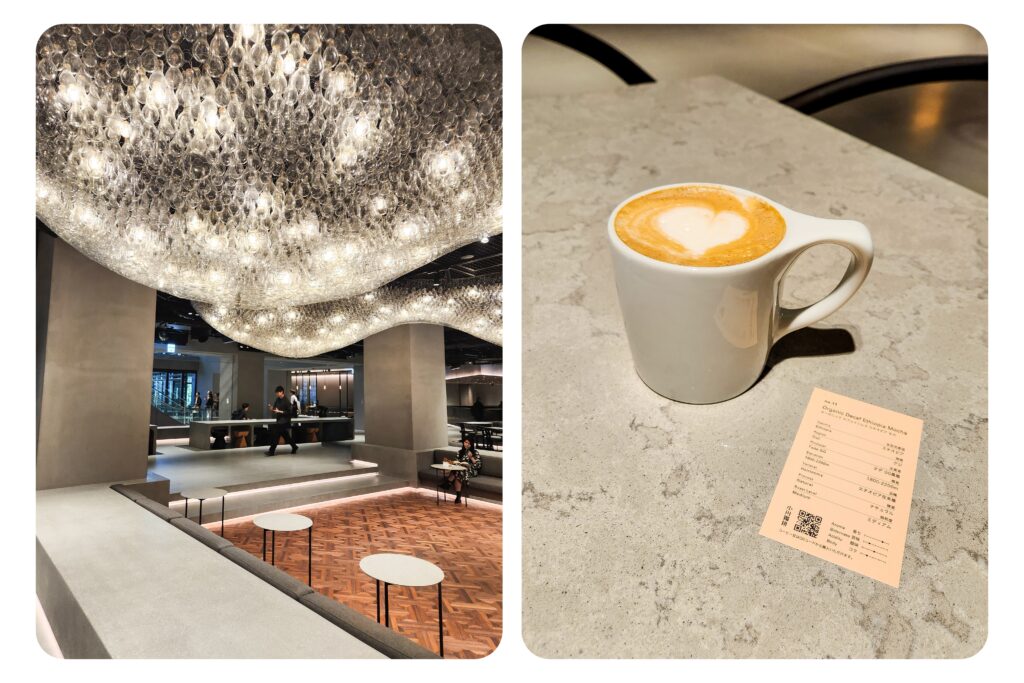 Ogawa Coffee Laboratory interior and a freshly brewed latte at NEWoMan Takanawa