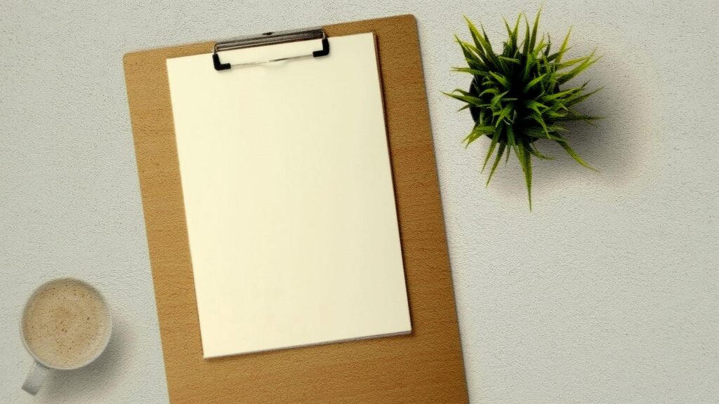A blank sheet of paper on a clipboard beside a coffee and plant, representing resume writing and translation.