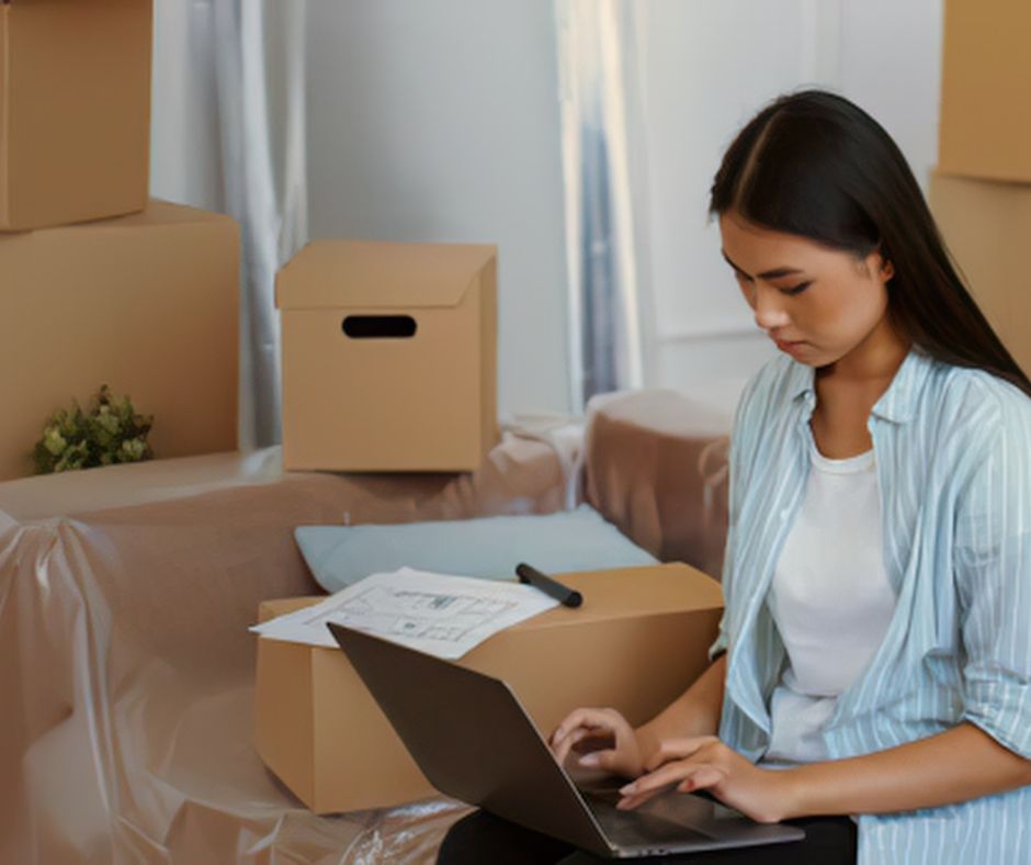 Smiling woman holding a cardboard moving box in a new apartment, surrounded by packed boxes during relocation.